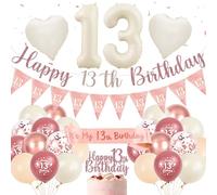 Pink Party 13th Birthday Decorations - Retro Rose Gold Birthday Decor for Her White Number 13 Heart Balloon, Cake Topper Bunting Banner for Girls Official Teenager Party Supplies