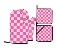 Pink Pastel Checkered Heat Resistant Oven Gloves And Potholders Set Oven Gloves With Non-Slip Grip For Bbq, Baking, Cooking