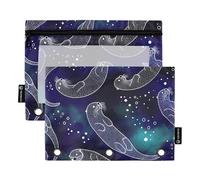 Pink Pencil Pouch for 3 Ring Binder Space Otters Ocean Zipper Binder Pencil Bags School Binders Clear Pockets Floral 9.8" x 7.1", 2 Packs