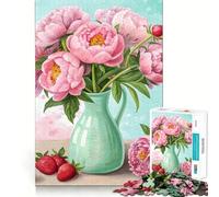 Pink Peonies Bouquet with Fresh Strawberries Elegant Floral 1000 Piece Jigsaw Puzzles for Adults Teenagers Wise Think Toy Stress Relief Clear Cut (38x26cm)