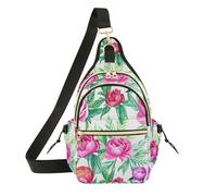 Pink Peonies Green Crossbody Bag, Polyester Shoulder Bag with Magnetic Front Pocket and Adjustable Strap for Daily Carry