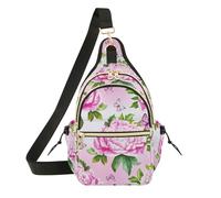 Pink Peonies Green Leaves Crossbody Bag, Shoulder Bag in Polyester with Magnetic Front Pocket and Adjustable Strap for Daily