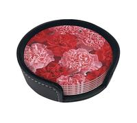 Pink Peony Coasters For Drinks, 6 Pcs Leather Coaster With Holder, Round Cup Mat Pad Set For Home And Kitchen 3.9 Inches