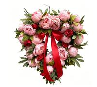 Pink Peony Door Wreath 40cm Rattan Base Spring Decor | Natural rattan base, construction, long-lasting use, silk flowers, vibrant year-round color