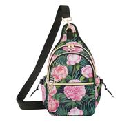 Pink Peony Floral Green Leaves Black Crossbody Bag, Polyester Shoulder Sling Bag with Magnetic Front Pocket and Adjustable