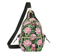 Pink Peony Floral Rose Green Leaves Crossbody Bag, Polyester Shoulder Sling Bag with Magnetic Front Pocket and Adjustable