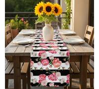 Pink Peony Table Runner 16x72 inch Flowers Black And White Stripes Cotton Linen Dining Table Runner Ideal for Dresser Kitchen Coffee Tables - Machine Washable