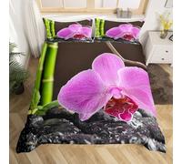 Pink Phalaenopsis Super king Duvet Cover Sets 3D Printed Green Bamboo Bedding Set Soft Brushed Microfiber Quilt Cover 260x220 cm with Zipper Closure for Teens and Adults with 2 Pillowcases E-221