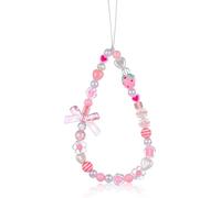 Pink Phone Charm, Cute Aesthetic Beaded Strap Phone Camera Charms Strap with Strawberry Bow Pearl Heart Design, Anti-Theft Wrist Lanyard Keychain Decorations Accessories for Cellphone, Camera, Bag
