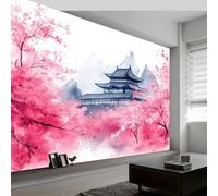 Pink Photo Wallpaper Mural 400 x 280 cm Japanese Style Architecture Cherry Blossoms Non-Woven Premium Art Print Fleece Wall Mural Decoration Poster Picture Design Modern for Bedroom Living Room