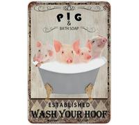 Pink Pig In Bathtub Bath Shop Tin Sign Wash Your Hoof Metal Plaque Animal Theme Decor Iron Painting Chic Sign Funny Bathroom Decor For Table Nursing Home Travel Trailer 5.5x8 Inch