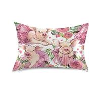 Pink Pig Piglets Flowers Silky Satin Pillowcase for Hair and Skin, Soft Breathable Bed Pillow Cover, Decorative Silk Pillow Cases, Standard Size 20x26 inches