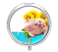 Pink Pig with Sunflowers Daisy Flower Turquoise Fence Iron Pill Box Case Organizer with Internal Separate Plastic Dividers, Travel Small Medicine Bag Holder Carrier Round Container