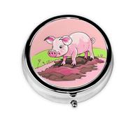 Pink Piglet Round mini Pill Box, Lightweight and Portable, with 3 Plastic Inserts, Suitable for Carrying in Pockets or Wallets.