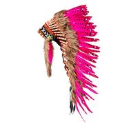 Pink Pineapple Handcrafted Native American Inspired Feather Headdress - Medium Length - Fuchsia with Black Spots