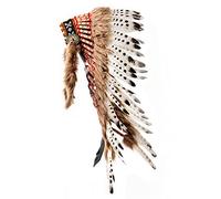 Pink Pineapple Handcrafted Native American Inspired Feather Headdress - Medium Length - White with Black Spots