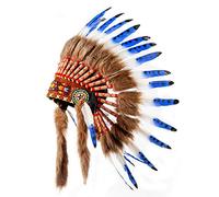 Pink Pineapple Handcrafted Native American Inspired Feather Headdress - Short Length - Blue and White with Black Spots