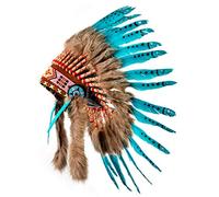 Pink Pineapple Handcrafted Native American Inspired Feather Headdress - Short Length - Turquoise with Black Spots