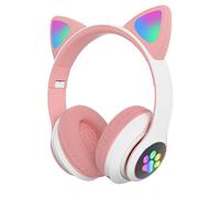 (Pink) Pink Colorful Cat Ear Bluetooth Headphone with Mic Rainbow Light Hi-Fi Sound Folding Audio/TF/USB Connection