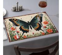 Pink Placemats A Black Butterfly With Orange Spots On Its Wings, Surrounded By Red Flowers. Dining Place Mats Golden Girls Gifts Tablecloth(1PCS)