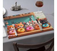 Pink Placemats Cats Enjoying Colorful Donuts In The Kitchen. Dining Place Mats Comedor Western Party Decorations(4PCS)