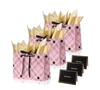 Pink Plaid Gift Bags for Presents,3P Medium Present Bags with 6 Metallic Gold Tissue/3 Card,Personalised Birthday Gift Paper Bag with Ribbon,28*20*10 Wrapping Bag for Christmas Wedding Gift Party Bag