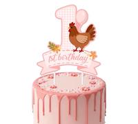 Pink Plaid Hen Theme 1st Birthday Large Cake Topper,Hen 1st Birthday Party Decorations This Chick Is One Cupcake Pick FloralHen Cake Decor for Barnyard Little Chick Theme First Bday Supplies