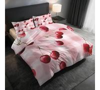 Pink Plaid Single Duvet Cover, Red Cherry Bedding Set 2 Piece Soft Microfiber Quilt Cover Reversible Duvet Sets with 1 Pillows Zipper Closure L-96