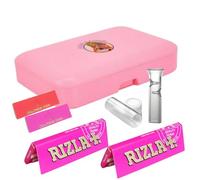 Pink Plastic Cigarette & Tobacco Tin Box Case - Optional Gift Set with 2 Rizla Papers, 1 Glass Filter Tip & 2 Rolling Tips - Durable Portable Smoking Accessory