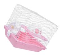 Pink Plastic Hamster Cage with Exercise Wheel, Two Tier Design | Portable Setup with Slide Tunnel, Castle House, Bowl and Water Bottle, for Travel or Health Visits