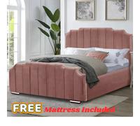 (Pink Plush, 3ft Single (without Gaslift)) Plush Art Deco Crown Double Bed Frame with Headboard & Mattress Included & Ottoman Gas Lift Storage Hand Made UK