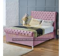 (Pink Plush, King 5ft) Upholstered Velvet Sleigh Double Bed Frame with Mattress Included 3ft,4ft6,5ft,6ft Hand Made UK