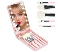 Pink Pocket Mirror with Led Light, 5 Makeup Brushes, Folding, Rechargeable, Dimmable, Compact Travel Mirror for Purse, Handbag