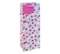 Pink Polka Dot Bottle Gift Bag - 35cm Paper Bag with Lilac Ribbon Handles & Round Name Tag - Cute Wine, Prosecco, Champagne Gift Wrap