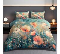 Pink Poppy Duvet Cover Sets Blue background Double Bedding Set with Zipper Closure, Soft Microfiber Quilt Cover with 2 Pillowcases 50x75cm GH232