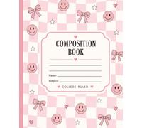 Pink Preppy Composition Notebook: College Ruled School Notebook with Smiley Faces, Bows, Checkerboard Design