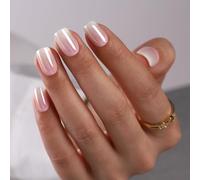 Pink Press On False Nails Short - Findigit Glossy Press On Nail Ons Square, Chrome Glazed Glue On Nails, Stick On Nails in 16 Sizes - 32 Soft Gel Fake Nail Kit, Pink Ombre Glazed