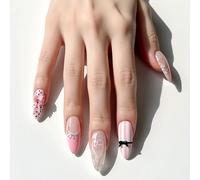 Pink Press on Nails Cute Medium Almond Fake Nails with Polka Dot Heart 3D Bow Musical Notes French Tip Designs Full cover Stick on False Nail Set for Women 24 Pcs