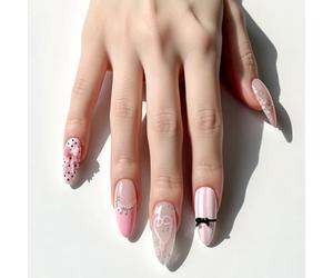 Pink Press on Nails Cute Medium Almond Fake Nails with Polka Dot Heart 3D Bow Musical Notes French Tip Designs Full cover Stick on False Nail Set for Women 24 Pcs