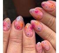 Pink Press on Nails Short Almond,Colorful Stars Polka Dots Hearts Pattern Fake Nails Press ons Acrylic Nail Art Tip Kit，Full Cover False Nails Glue on Nails Glossy Design for Women