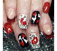 Pink Press on Nails Short Square Cute Fake Nails Valentine’s Day Press with Bow-Knot Designs Pink Acrylic Nails Full Cover False Nails with Designs for Women 24PCS (valentines nails17)