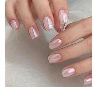 Pink Press on Nails Short Square Fake Nails Handmade White Pearl Mermaid Chrome Gel Glue on Nails 24Pcs Glazed Donut Glossy Round Acrylic False Nails Kits for Women Manicure Gift…