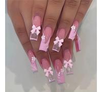 Pink Press On Nails with 3D Bows & Flowers - 24PCS Long Coffin French Tips, Reusable Acrylic False Nails with Rhinestones for DIY Nail Art