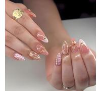 Pink Press On Nails with Jelly Adhesive Tabs - 24PCS Almond French Tip False Nails with 3D Flower & Gold Edge Design - Long Fake Nails for Women Wedding Party Daily Wear