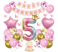 Pink Princess 5th Birthday Decorations for Girls - Pink Party Balloons Set with Rainbow Number 5 & Gold Crown Foil, Happy Birthday Banner, 3D Butterfly Decor, Cake Topper Confetti & Star Heart Foils
