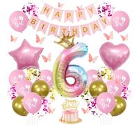 Pink Princess 6th Birthday Decorations for Girls - Pink Party Balloons Set with Rainbow Number 6 & Gold Crown Foil, Happy Birthday Banner, 3D Butterfly Decor, Cake Topper Confetti & Star Heart Foils