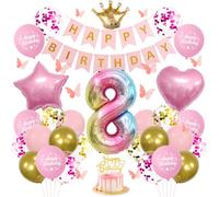 Pink Princess 8th Birthday Decorations for Girls, Balloons Set Number 8 | Pink Balloon Set - Rainbow Number 8 & Gold Crown Foil, Happy Birthday Banner, Butterfly Decor, Confetti & Star Heart Foils