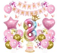 Pink Princess 8th Birthday Decorations for Girls - Pink Party Balloons Set with Rainbow Number 8 & Gold Crown Foil, Happy Birthday Banner, 3D Butterfly Decor, Cake Topper Confetti & Star Heart Foils