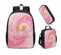 Pink Princess Crown Girls Backpack Set 3 Piece 17 Inch School Bag with Lunch Box Pen Case - Magical Fairytale Adventure Rucksack Bookbag for Back to School (06)