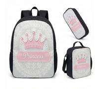 Pink Princess Crown Girls Backpack Set 3 Piece 17 Inch School Bag with Lunch Box Pen Case - Magical Fairytale Adventure Rucksack Bookbag for Back to School (01)